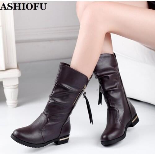 ASHIOFU Hot Sale New Handmade Ladies Block-heels Boots Faux-leather Party Prom Ankle Booties Large Size Evening Fashion Boots