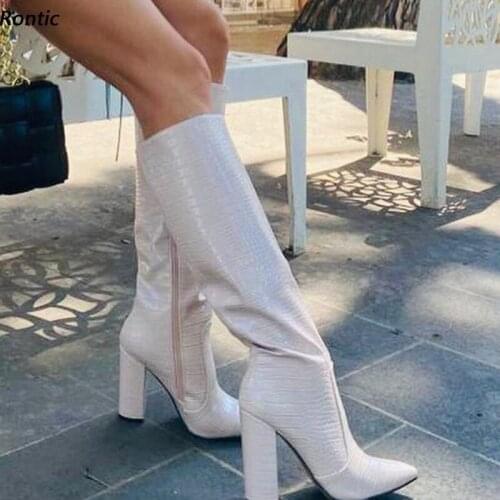 Rontic Women Winter Knee Boots Unisex Croc Pattern Chunky Heels Pointed Toe Gorgeous White Yellow Green Pink Shoes US Size 5-15