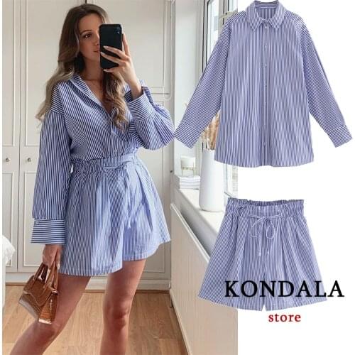 KONDALA Women Vintage Striped Print Sets Za 2021 Oversized Long Sleeve Women Shirts and High Waist Sashes Wide Leg Shorts Suits