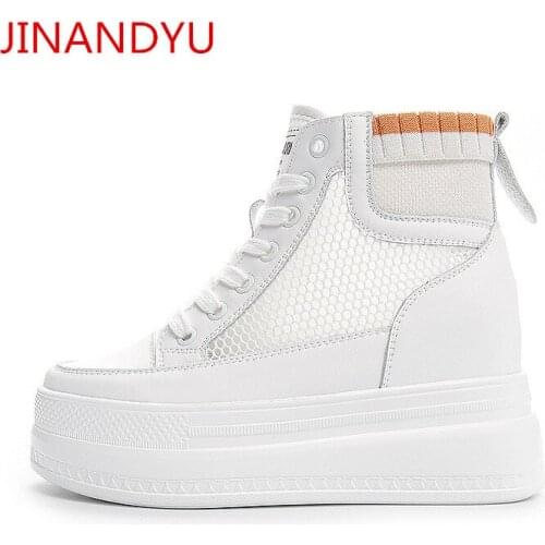 Platform High Top Shoes Wedge Sneakers Mesh+Real Leather Casual Shoes for Women Vulcanize Shoes Womens White Black Sneakers