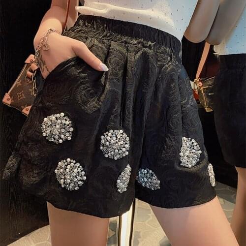 High Quality Rero Sequined Jacquard Shorts Womens Summer Bermuda Elastic Waist Embroidered Flares Loose Trouser White And Black