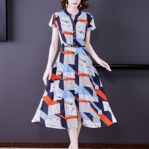 2021 New Fashion Summer Dress Womens Short Sleeve Elegant Floral Print High Waist Dress With Belt