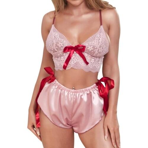 Women Sexy Lingerie Set Camisole Shorts Bow Decoration Elastic Waist Sexy V-neck Summer Clothing