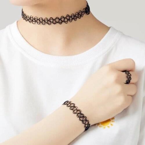 3pcs/set Black Tattoo Necklace Stretch Choker Punk Gothic Elastic Bracelet Ring Set Women Jewelry