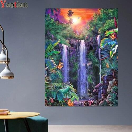 5d diy diamond painting Waterfall full square round drill diamond embroidery rhinestone Sunrise forest landscape home decoration