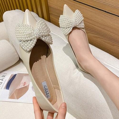 Beads Bow-knot ballerina woman flats loafers pointed toe sneaker shoes women soft bottom pearl moccasins femme plus size 34-43