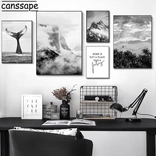 Black And White Poster Whale Print Foggy Mountain Art Painting Landscape Wall Art Posters Nordic Wall Pictures Living Room Decor