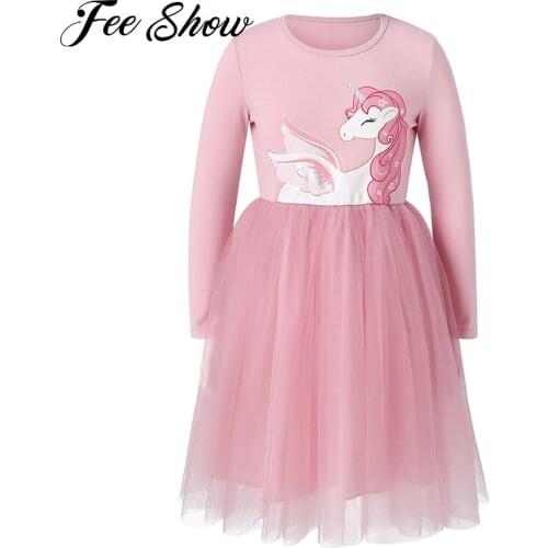 Kids Girls Spring Dresses Streetwear Long Sleeve Round Neckline Cute Cartoon Pattern Printed Mesh Tutu Dress Casual Outfit