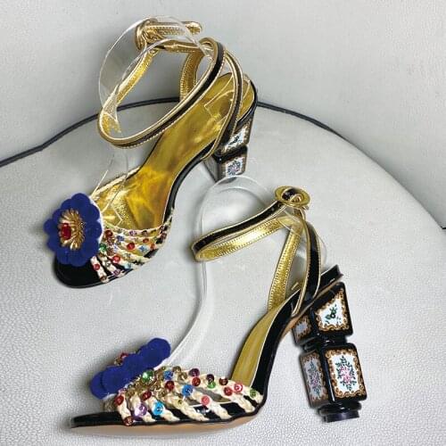 Europe Style Womens vintage 10cm high heeled sadnals High quality diamonds high heels dress shoes EU35-42 BY828