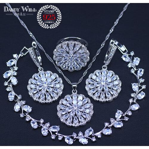 Amazing Handmade Women White Zircon silver color Jewelry Sets Bracelets Pendant Necklace Rings Earrings With Stones Set Jewelery