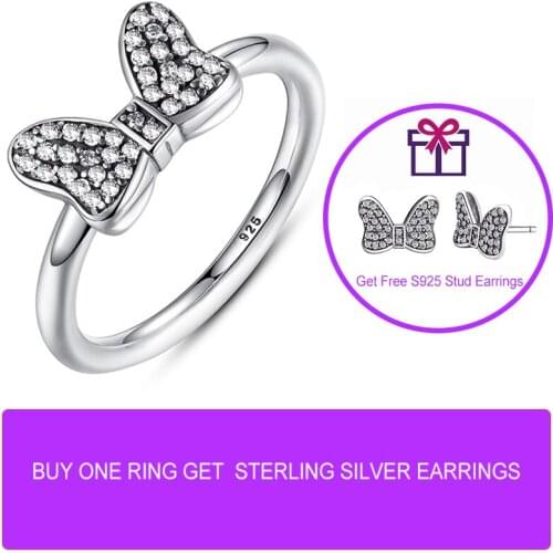 Fashion Jewelry 925 Sterling Silver Jewelry Set Bow Knot Shape White Crystal Ring Stud Earrings Free Shipping