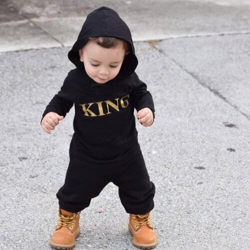 Baby Boys Romper Hooded Cotton Long Sleeve Letter King Print Jumpsuit One Piece Infant Clothing Autumn Newborn Baby Clothes D30