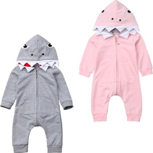Newborn Infant Baby Boy Girl Shark Long Sleeve Zipper Romper Jumpsuit Clothes Outfits