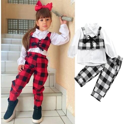 1-6Years Fashion Toddler Kids Girls Clothes Sets 3pcs Autumn Children Girls Long Sleeve Shirts+Bandage Vest+Plaid Long Pants