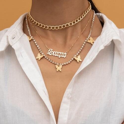 Punk Miami Cuban Necklace Simple Multilayer Tassel Claw Chain Butterfly Letter Pendant Necklace for Womens Neck Accessories