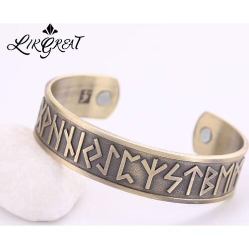 LIKGREAT Vintage Nordic Viking Rune Open Cuff Bracelet Magnetic Therapy Bangle Women Men Antique Copper Jewely Bijoux