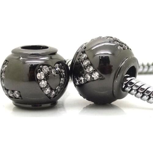 New Gun Black Tone Micro Pave Clear CZ Zircon Beads With Love Heart Letter compatible with Pandora Bracelets For Women