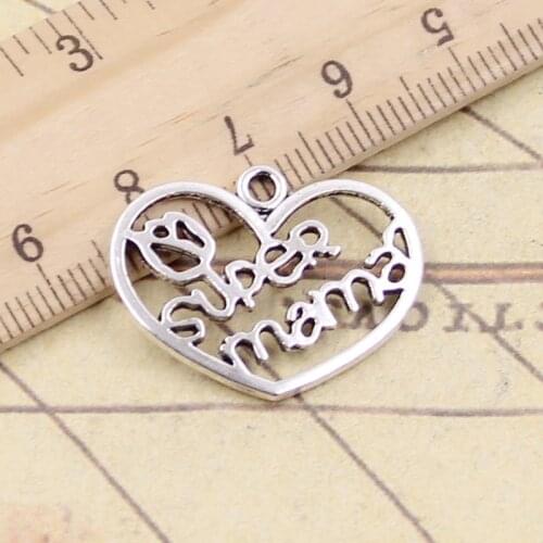 10pcs Charms Heart Super Mama 20x26mm Tibetan Silver Color Pendants Antique Jewelry Making DIY Handmade Craft