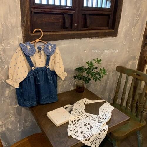 Girls Retro Crushed Flower Shirt Korean Children Denim Strappy Skirt Two-Piece Set