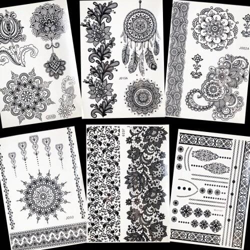 Sexy Charm Temporary Tattoo Stickers Black Dreamcatcher Women Body Arm Bracelet Tatoo Henna Mandala Flower Fake Tattoo DIY Decal