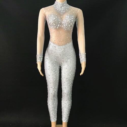 Silver White Rhinestone Transparent Jumpsuit Evening Birthday Celebrate Wear Outfit Stretch Bodysuit Costume