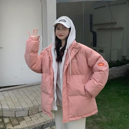 Loose Korean Style Womens Puffer Coats Solid Hooded Thick Winter Jacket Ladies Cotton Padded Long Sleeve Outwear for Female