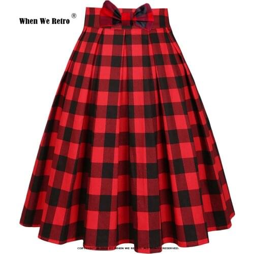 Black Red High Waist Bow Checkered Skirt SS0012 XS-XXL Y2K Vintage Cotton Plus Size Women Clothes Pleated Plaid Skirts