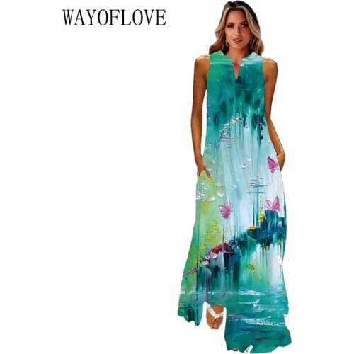WAYOFLOVE Fashion Green Sleeveless Dress 2021 Robe Beach Casual Plus Size Girl Long Dresses Summer Woman Holiday Dress For Women