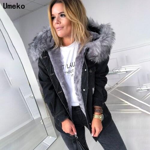 Umeko Autumn Winter Denim Blue Jackets for Women Winter Thick Warm Faux Fur Hooded Coats Ladies Plus Size Coats Female Outwear
