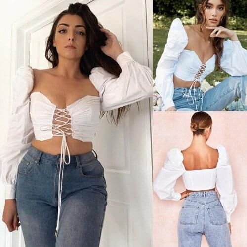 Women ' s Short T-Shirt Long Puff Sleeve U-Shaped Collar Backless Crop Top for Women Sexy Short T-Shirt for Women