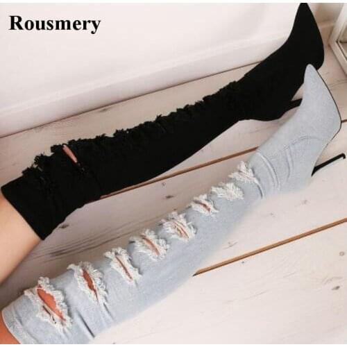 2017 New Design Women Pointed Toe Over Knee Denim High Heel Boots Cut-out Slim Style Long Jean Boots Dress Shoes