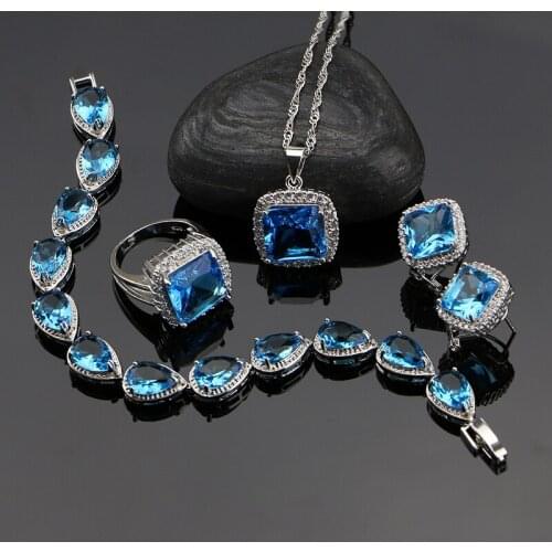 Square Sky Blue Zircon 925 Sterling Silver Jewelry Sets For Women Caucasian Wedding Earrings/Rings/Bracelet/Pendant/Necklace Set
