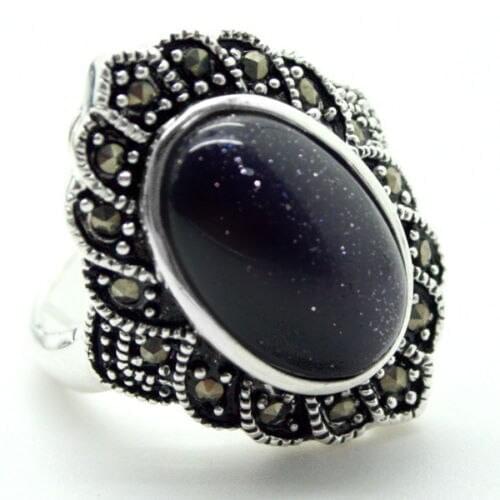 17*22mm MIRROR SHAPE BLUE SAND jade 925 SILVER MARCASITE RING SIZE 7/8/9/10