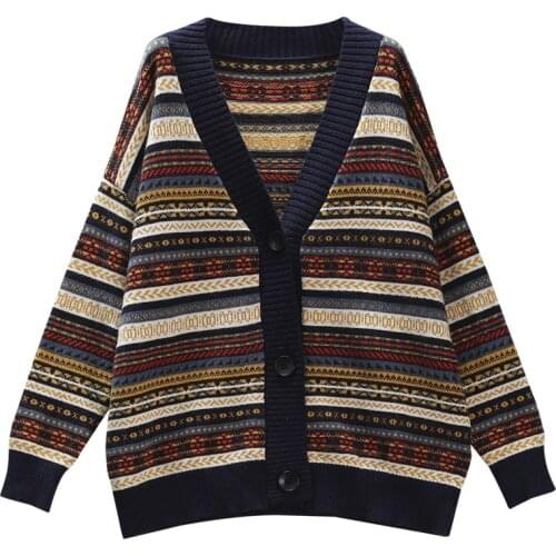 2021 retro cardigan jacquard v-neck long-sleeved sweater jacket autumn casual all-match single-breasted knitted cardigan women
