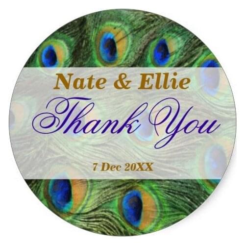 3.8cm Peacock Feather Thank You Wedding Stickers