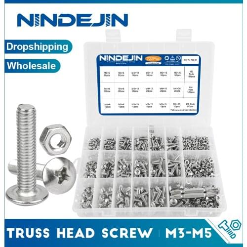 NINDEJIN 722pcs Truss Round Head Screw Set M3 M4 M5 Stainless Steel Machine Screw and Nut Assortment Large Flat Mushroom Head