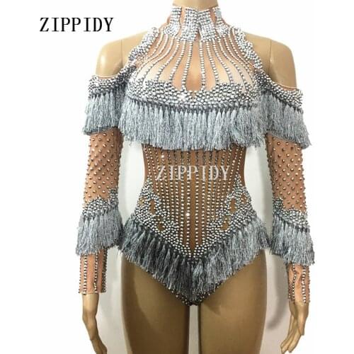 Luxury Sparkly Crystals Tassel Bodysuit Costume Celebrate Rhinestones Birthday Silver Diamonds Leotard Sexy Nightclub