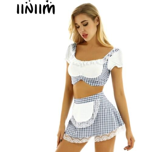 Iiniim Adult Women Baby Lovely Scotland School Girls sex Uniform Fancy Cosplay Costumes Puff Sleeve Crop Top with Mini Skirt