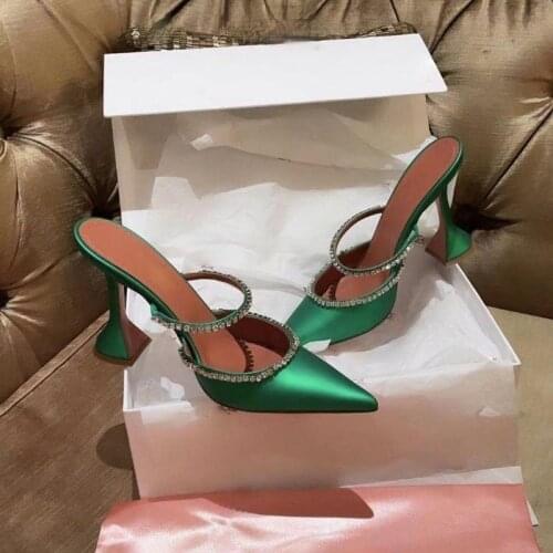 Korean style half-drag womens shoes with fashionable sparkling rhinestone satin wine glasses and Baotou slippers