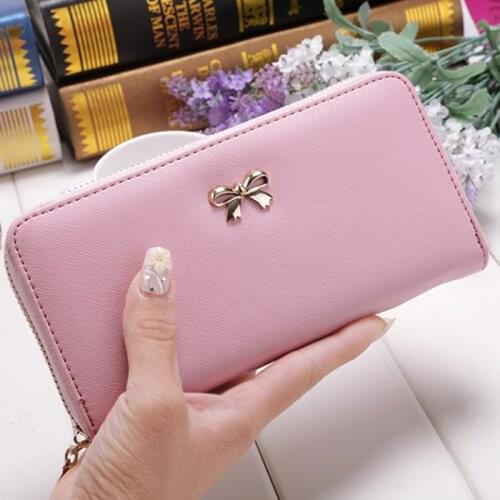 Cards Holder Wallet Ladies Cute Bowknot Women Long Wallet Pure Color Clutch Bag 2019 New PU Leather Purse Phone Card Holder Bag