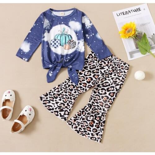 Toddler Baby Girls Halloween Two-piece Clothes Set Children Dark Blue Long Sleeve Tops and Flared Pants Infant Outwear Suit