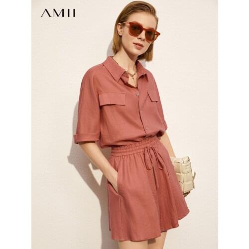 Amii Minimalism Summer Womens Shirt Fashion Solid linen Womens Shirt Separately Causal Elastic Waist Womens Shorts 12140101