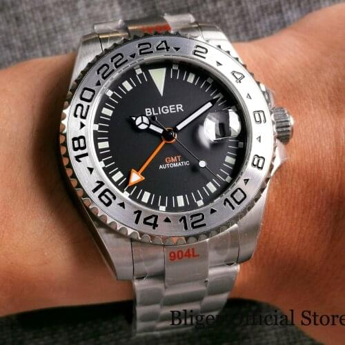 BLIGER 43mm New GMT Black Selfwinding Men Watch Luminous Index Brush Oyster Band Orange Hand Flat Sapphire Crystal Silver Bezel