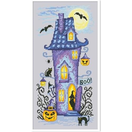Gloomy house cross stitch kit cartoon Halloween ghost pumpkin 14ct silver grey unprint canvas cotton silk thread embroidery