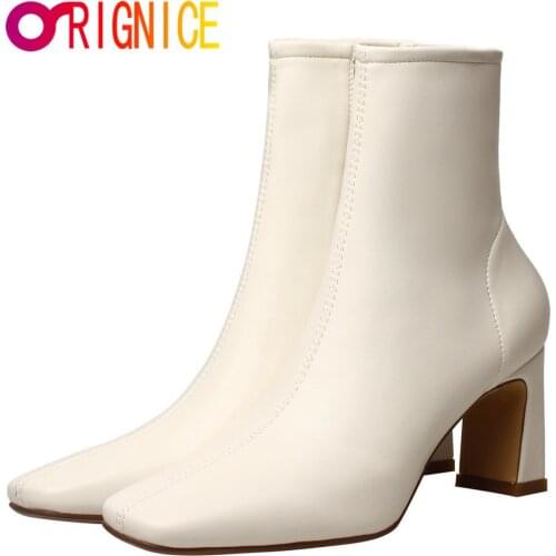Orignice Stretch PU Leather Women Autumn Ankle Boots Elegant Square Toe Zipper Chunky High Heels Party Office Ladies Shoes Black
