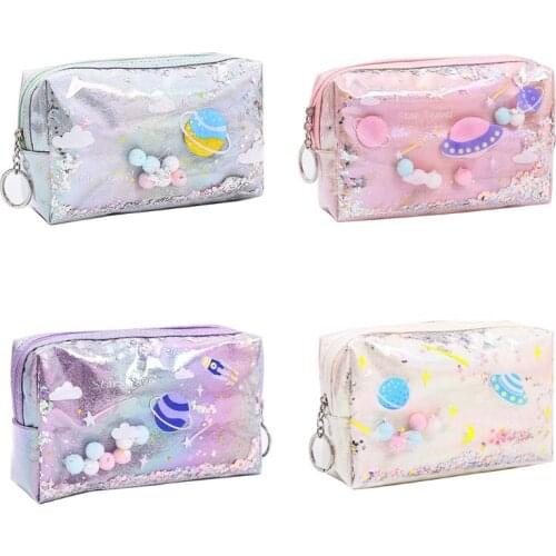 Lovely Large Quicksand Planet Pencil Case Leather Pen Box Makeup Bag Girls Gift 77HA