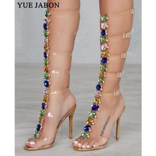 Sexy Pvc Transparent Knee High Boots Woman Open Toe mixed color Rhinestone Diamond Clear High Heel Shoes Women Gladiator Sandals