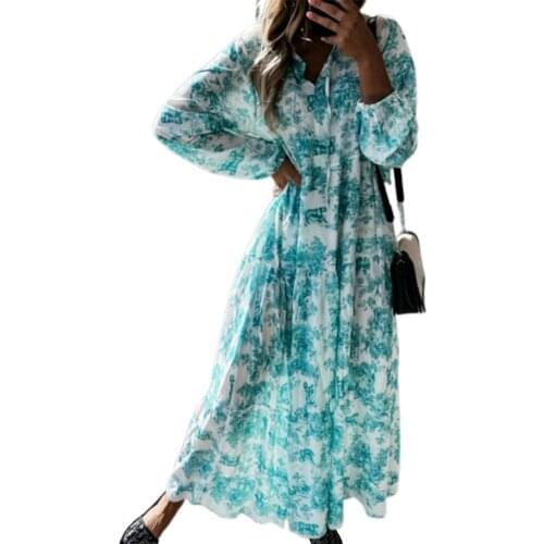 Bohemian Dress Women Elegant Long Sleeve Breathable Puff Sleeve Long Sleeve Women Dress Puff Sleeve Long Beach Dress Lady