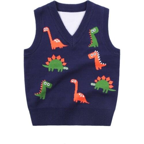 Casual Kids Boys Vest Sweaters Spring Autumn Knitted Vest for Children Cartoon Dinosaur Pattern V-neck Sleeveless Sweater