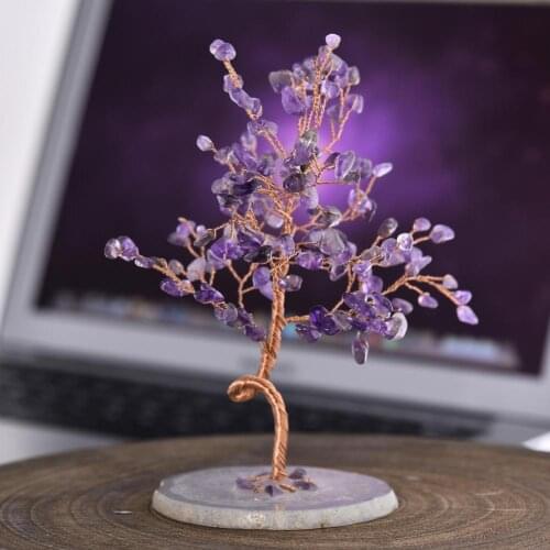 Natural Gemstone Tree Ornament Handmade Amethyst Fortune Tree Artwork Decoration Crystal Gravel Home Decor Longevity Wealth Tree